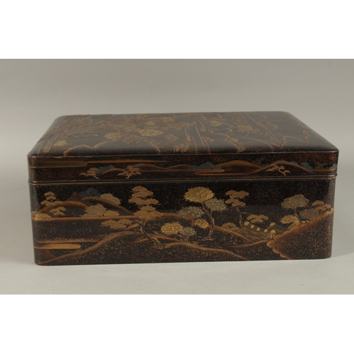 1061 - A VERY FINE JAPANESE MEIJI PERIOD GILT AND BLACK LACQUER BOX, beautifully decorated with landscape s... 