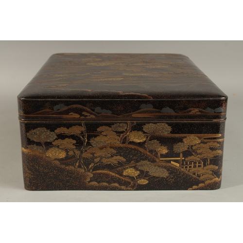 1061 - A VERY FINE JAPANESE MEIJI PERIOD GILT AND BLACK LACQUER BOX, beautifully decorated with landscape s... 