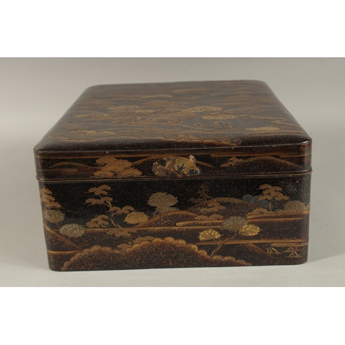 1061 - A VERY FINE JAPANESE MEIJI PERIOD GILT AND BLACK LACQUER BOX, beautifully decorated with landscape s... 