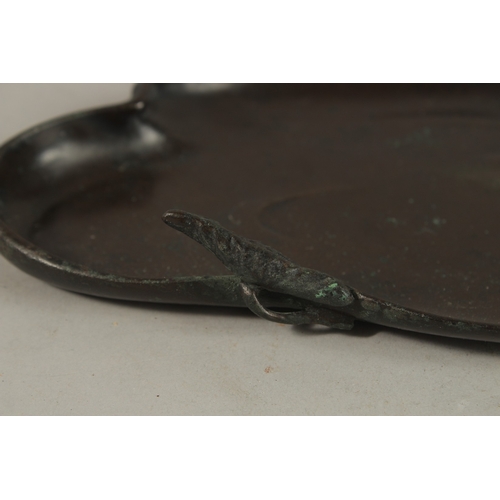 1066 - A SIGNED JAPANESE BRONZE TRAY, the corner with an okimono of a bird on a leaf, signed to base, 23cm ... 