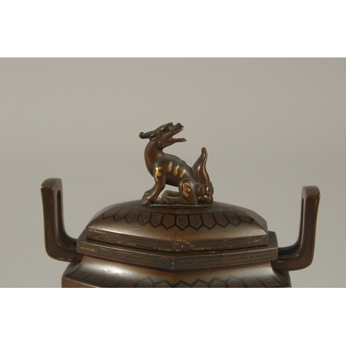 1068 - A FINE JAPANESE MEIJI PERIOD NOGAWA BRONZE KORO AND COVER, with fine inlays depicting cranes, 11cm.