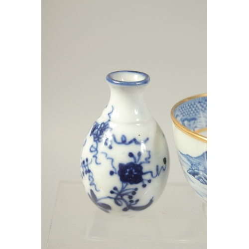 1073 - THREE PIECES OF CHINESE BLUE AND WHITE PORCELAIN, comprising tea bowl, a small leaf-from dish, and a... 