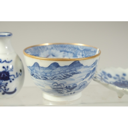 1073 - THREE PIECES OF CHINESE BLUE AND WHITE PORCELAIN, comprising tea bowl, a small leaf-from dish, and a... 