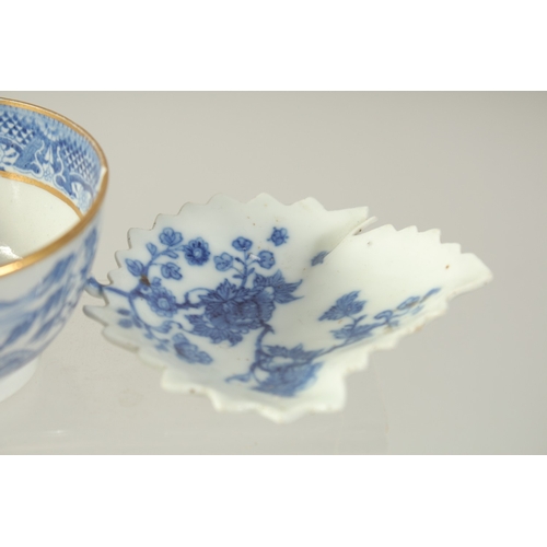 1073 - THREE PIECES OF CHINESE BLUE AND WHITE PORCELAIN, comprising tea bowl, a small leaf-from dish, and a... 