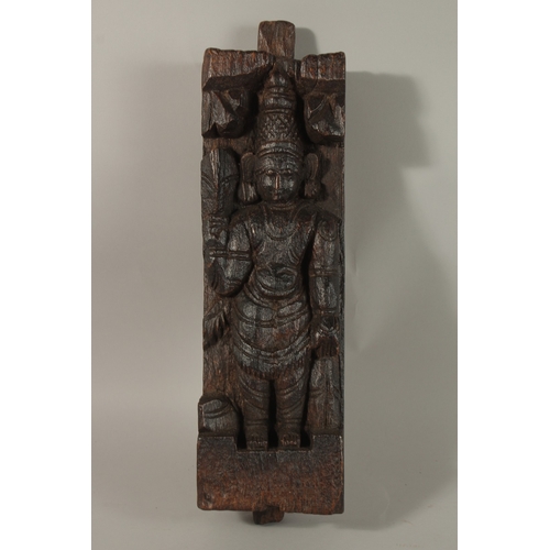 1270 - A 19TH CENTURY INDIAN GUJARAT CARVED WOOD FIGURAL PANEL, 38cm x 11cm.