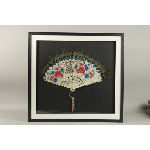 1275 - A CHINESE BONE AND FEATHER PAINTED FAN, mounted within display frame and glazed, 61.5cm x 65cm overa... 