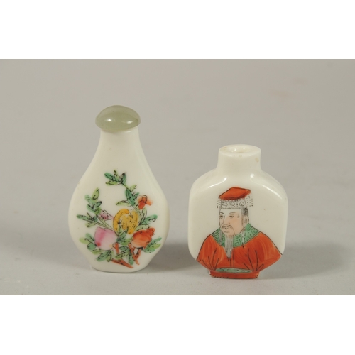 1287 - TWO CHINESE PORCELAIN SNUFF BOTTLES, each with character mark to base.