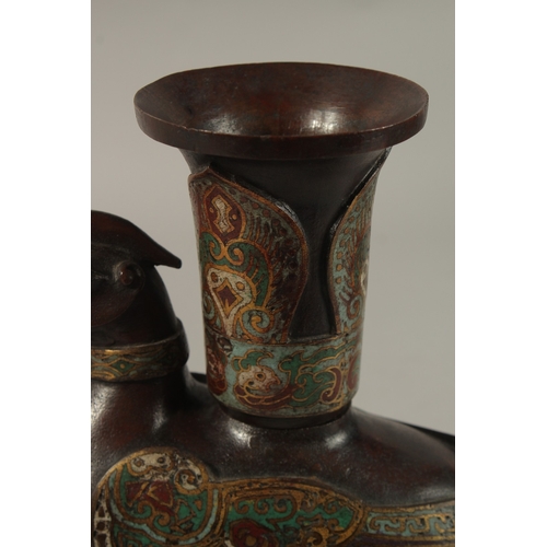 1288 - A FINE CHINESE CLOISONNE ENAMELLED BRONZE BIRD FORM CENSER, 23.5cm high.