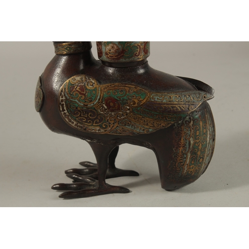 1288 - A FINE CHINESE CLOISONNE ENAMELLED BRONZE BIRD FORM CENSER, 23.5cm high.