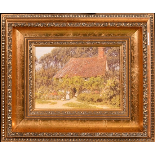 147 - AFTER HELEN ALLINGHAM ( 1848 - 1926) BRITISH.A PAIR OF OLEOGRAPHS TYPE PICTURES OF COTTAGES in gilt ... 