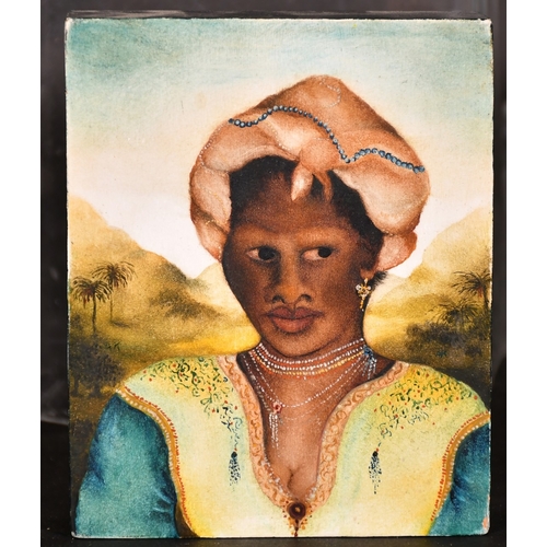 161 - A miniature watercolour or tempera on thick wooden panel of a Caribbean lady, 5