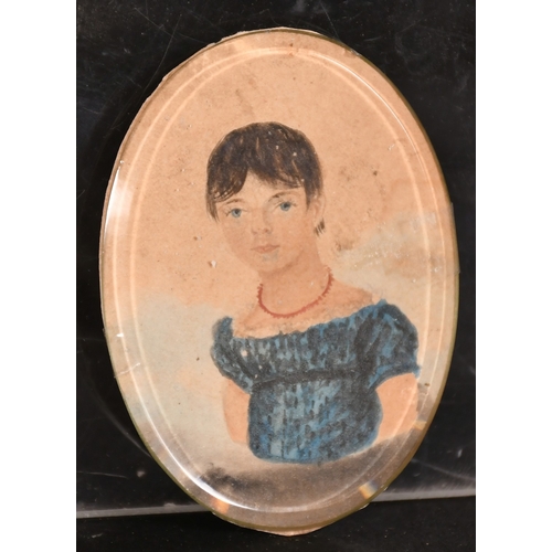 163 - A Regency period miniature watercolour, a bust length portrait of a young girl wearing a coral neckl... 