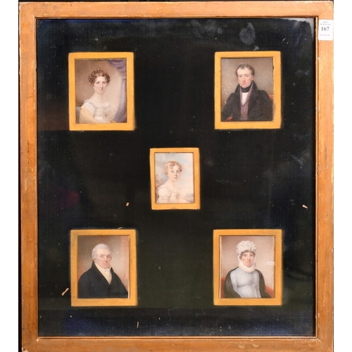 167 - A group of five 19th Century portrait miniatures relating to the Hume family, inscribed verso, water... 