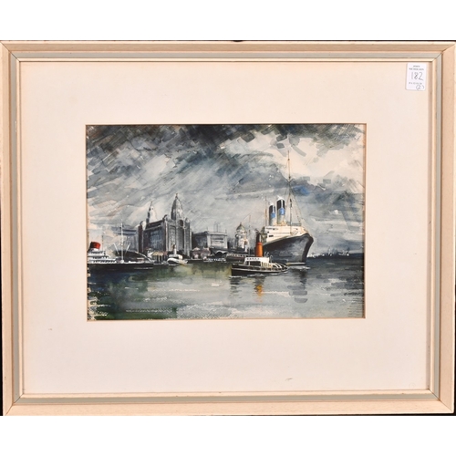 182 - Ken Hammond, shipping outside a port, watercolour, signed, 7