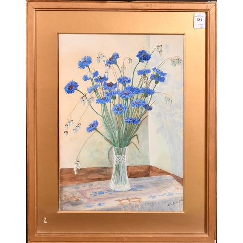 184 - W. Parkinson-Curtis, blue and white flowers in a glass vase, watercolour, signed, 14.5