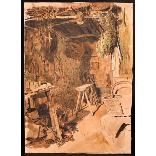 189 - Attributed to William Henry Hunt, interior of a barn or a country workshop, pencil and watercolour w... 