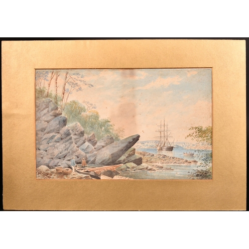 190 - P. R. Pearse figures on a shore with shipping in a harbour beyond (possibly Sydney), watercolour, 9