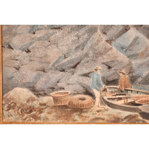 190 - P. R. Pearse figures on a shore with shipping in a harbour beyond (possibly Sydney), watercolour, 9