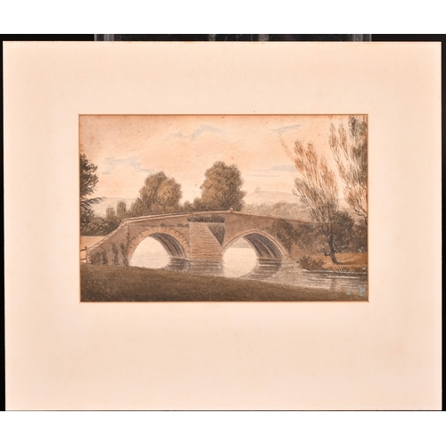 192 - Attributed to John Varley, study of a river bridge, watercolour, inscribed verso, 4.25