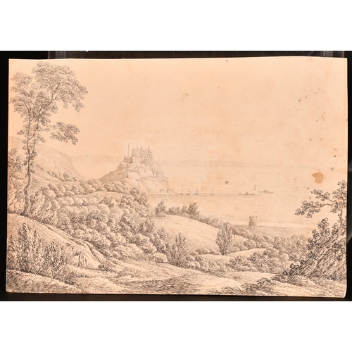 196 - A collection of six pencil and pen and ink sketches, including one of Mt Orgueil, Jersey, 5