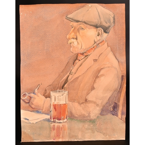 198 - Modern British School, Study of a gentleman at a table with a pipe and a glass of ale, watercolour, ... 