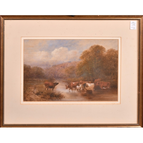 199 - Circle of Henry Earp Snr, cattle watering in a shallow river, watercolour and gouache, 7.5