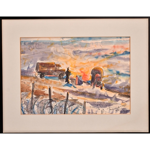 200 - Manner of Thomas Hennell, 'Incident', military trucks in a landscape with a fire burning, ink and wa... 