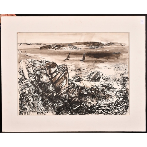 210 - Manner of Kyffin Williams, shipping in a rocky estuary, ink, 21