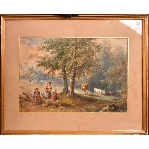 216 - Attributed to Henry Earp, figures and cattle resting in the shade of a tree by a river, watercolour,... 