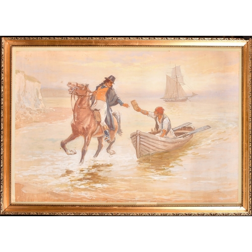 217 - English School, early 20th Century, a horseman collecting mail from a rowing boat, watercolour, 19