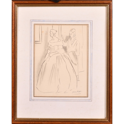 221 - Circle of Laura Knight, and elegant lady and her maid, charcoal, bears signature, 9.75