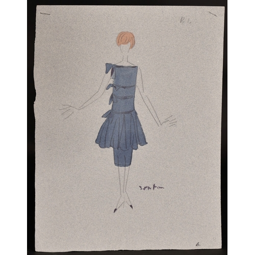 234 - Circle of CECIL BEATON.EIGHT DESIGNS FOR DRESSES.Signed, unframed,13ins x 10ins. (33cm x 25cm).