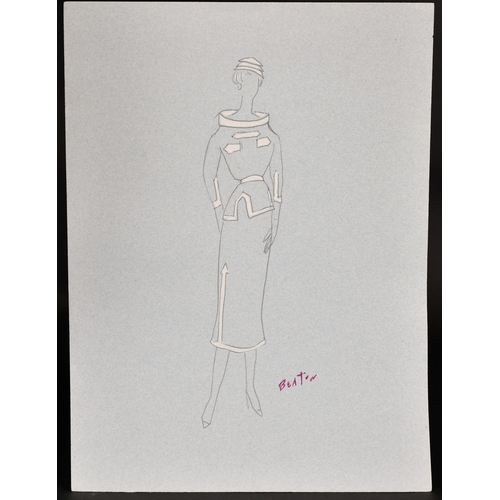 234 - Circle of CECIL BEATON.EIGHT DESIGNS FOR DRESSES.Signed, unframed,13ins x 10ins. (33cm x 25cm).