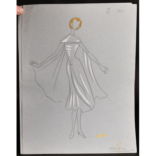 234 - Circle of CECIL BEATON.EIGHT DESIGNS FOR DRESSES.Signed, unframed,13ins x 10ins. (33cm x 25cm).