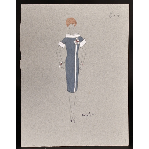 234 - Circle of CECIL BEATON.EIGHT DESIGNS FOR DRESSES.Signed, unframed,13ins x 10ins. (33cm x 25cm).