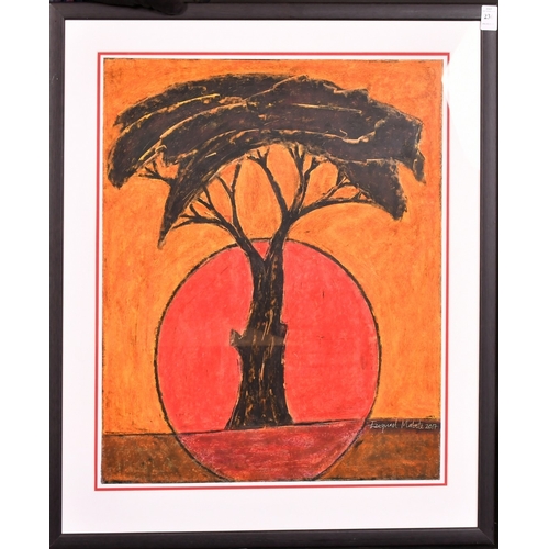 236 - Ezequiel Mabote (b. 1979), sun setting behind an acacia tree, pastel, signed, 21