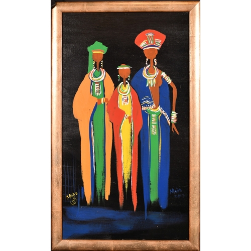 237 - Modo, 20th Century, African, three female figures in traditional costume, oil on board, signed, 31.5... 