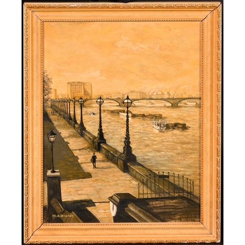 245 - M. A. Bramah, 20th Century, figures walking along the Thames, oil on board, signed, 14