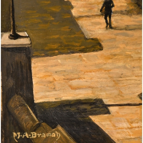 245 - M. A. Bramah, 20th Century, figures walking along the Thames, oil on board, signed, 14