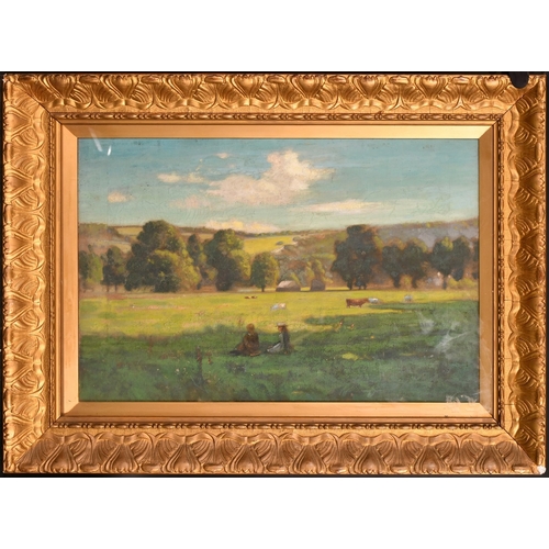 246 - Attributed to Francis William Ward, figures picnicking by Mickleham Woods with cows, oil on canvas, ... 