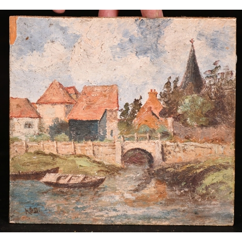 248 - Dutch School, 20th Century, a farmstead in a landscape at dusk, oil on board, indistinctly signed, 7... 