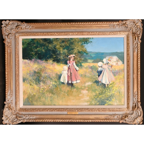 258 - Dianne Flynn (b. 1939),Children on a country walk through wildflowers, oil on canvas.Signed, 16