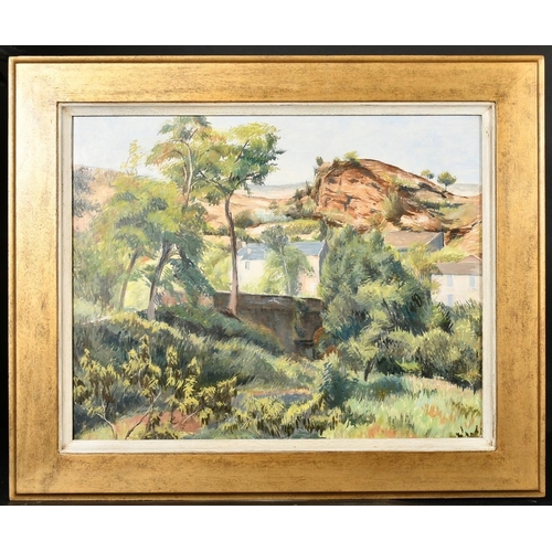 262 - A.C. Pleasance, A continental landscape with trees and buildings, oil on board, inscribed verso, 20