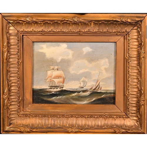 265 - 19TH CENTURY ENGLISH SCHOOL.  A PAIR OF SEASCAPES with Men of War and other boats. 5.5ins x 7.5ins (... 