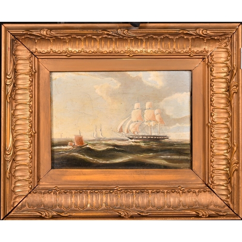 265 - 19TH CENTURY ENGLISH SCHOOL.  A PAIR OF SEASCAPES with Men of War and other boats. 5.5ins x 7.5ins (... 