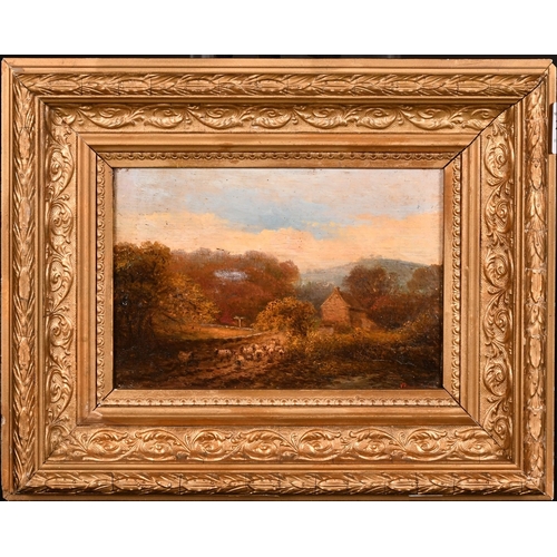 268 - 19TH CENTURY ENGLISH SCHOOLSheep on a roadway with cottage.Signed, panel.5ins x 7.5ins ( 12cm x 19cm... 