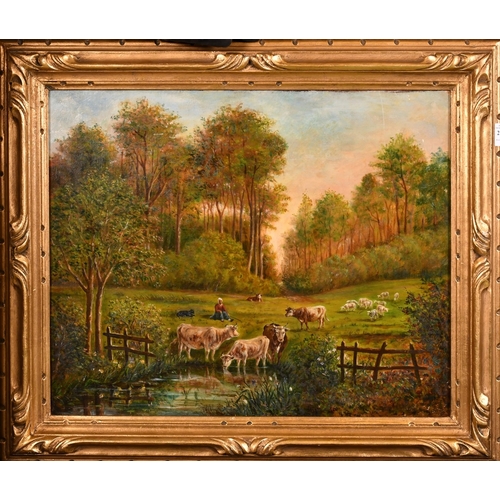 272 - 19TH CENTURY ENGLISH SCHOOLCATTLE AT A POND, sheep in the meadow. 18ins x 22ins unframed.