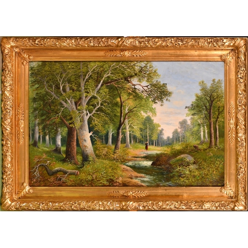 275 - A. CLAMET. Circa. 1920.  CONTINENTALA WOODLAND LANDSCAPE with a woman beside a stream, in a superb g... 