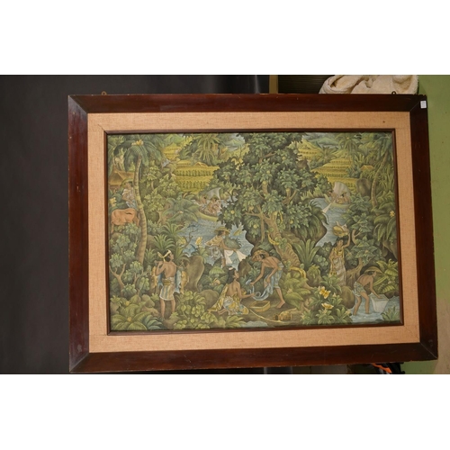 289 - 20th Century Indonesian School, A forest scene with figures, animals and an apple tree, canvas laid ... 