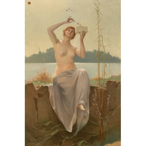 291 - Edouard Gerome Paupion (1854-1912) French.A  draped female nude releasing butterflies from a box, oi... 